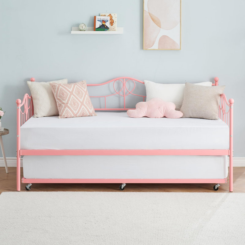 GARVEE Twin Daybed with Trundle Metal Day Beds Twin size Sofa Bed for Living Room and Guest Room Pink